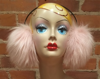 Women's Winter Earmuffs, Lavender Pink Faux Fox Fur Earmuffs, Handmade Faux Fur Winter Accessory, Jumbo Light Pink Headband Ear Warmers