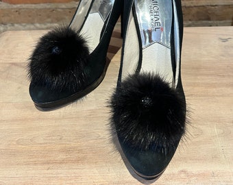 Clips de chaussures en fourrure de vison, noir de jais paire de pompons fleurs