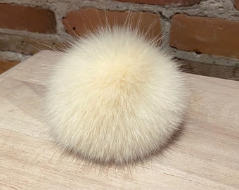 Yellow Ivory White Fox Pom Pom, 4-Inch Recycled Fur Pom, Hat Knitting Fur Ball, Upcycled Vintage Fur, Winter Hat Accessory, Detachable Pom