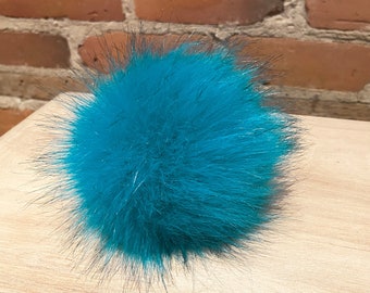 Peacock Blue Faux Fur Pom, 4.5-Inch Handmade Faux Fur Ball in Bright Teal Blue, Turquoise Pom, Hat Accessory, Knitting Supplies, Detachable