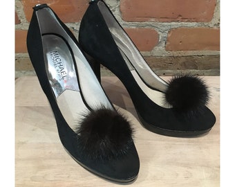 Pair of Black Mink Clip-On Shoe Poms, Handmade Recycled Fur Jewelry