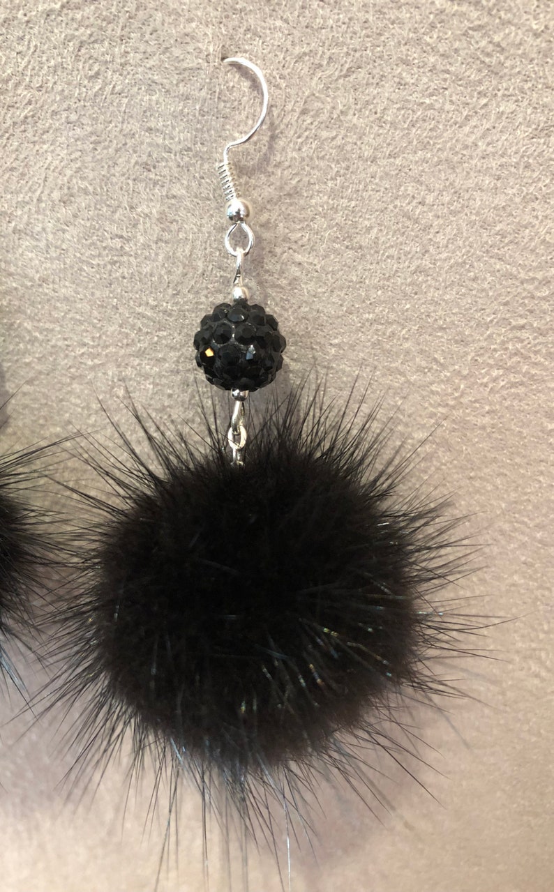 Jet Black Mink Earrings Recycled Fur Pom Pom Earrings | Etsy