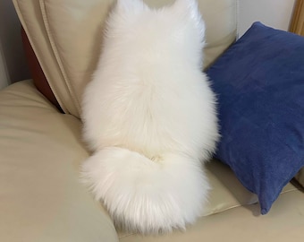 Jumbo Cat Shaped Pillow, Handmade White Faux Fur for Your Home Decor