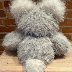 K&ouml;nnte beinhalten: Ein grauer Pl&uuml;schteddyb&auml;r mit einem langen, flauschigen Schwanz. Der B&auml;r tr&auml;gt ein blaues Halsband und sitzt auf einer Holzoberfl&auml;che.