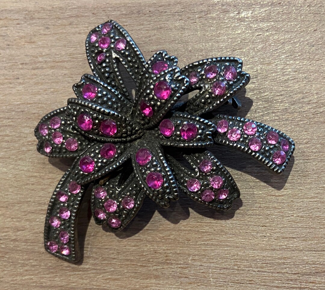 Vintage Pink Rhinestone Flower Brooch, Art Deco Inspired Dark Grey