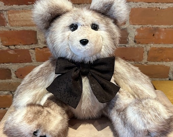 Mink Fur Bear in Ivory with Brown Flecks, Handmade From Recycled Vintage Fur