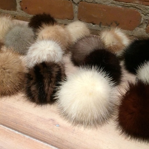 Mink Mini Fur Poms, 2.5-Inch, Various Colors, Recycled Vintage Fur