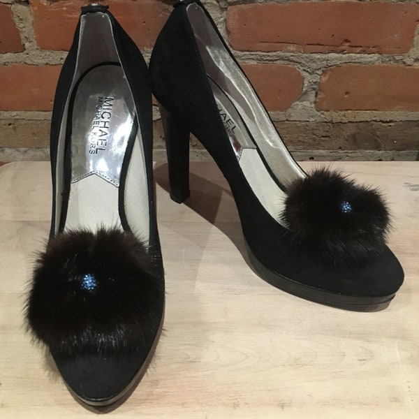 Pompones de visón auténtico con flores de visón negro para zapatos, piel vintage reciclada, 5 cm