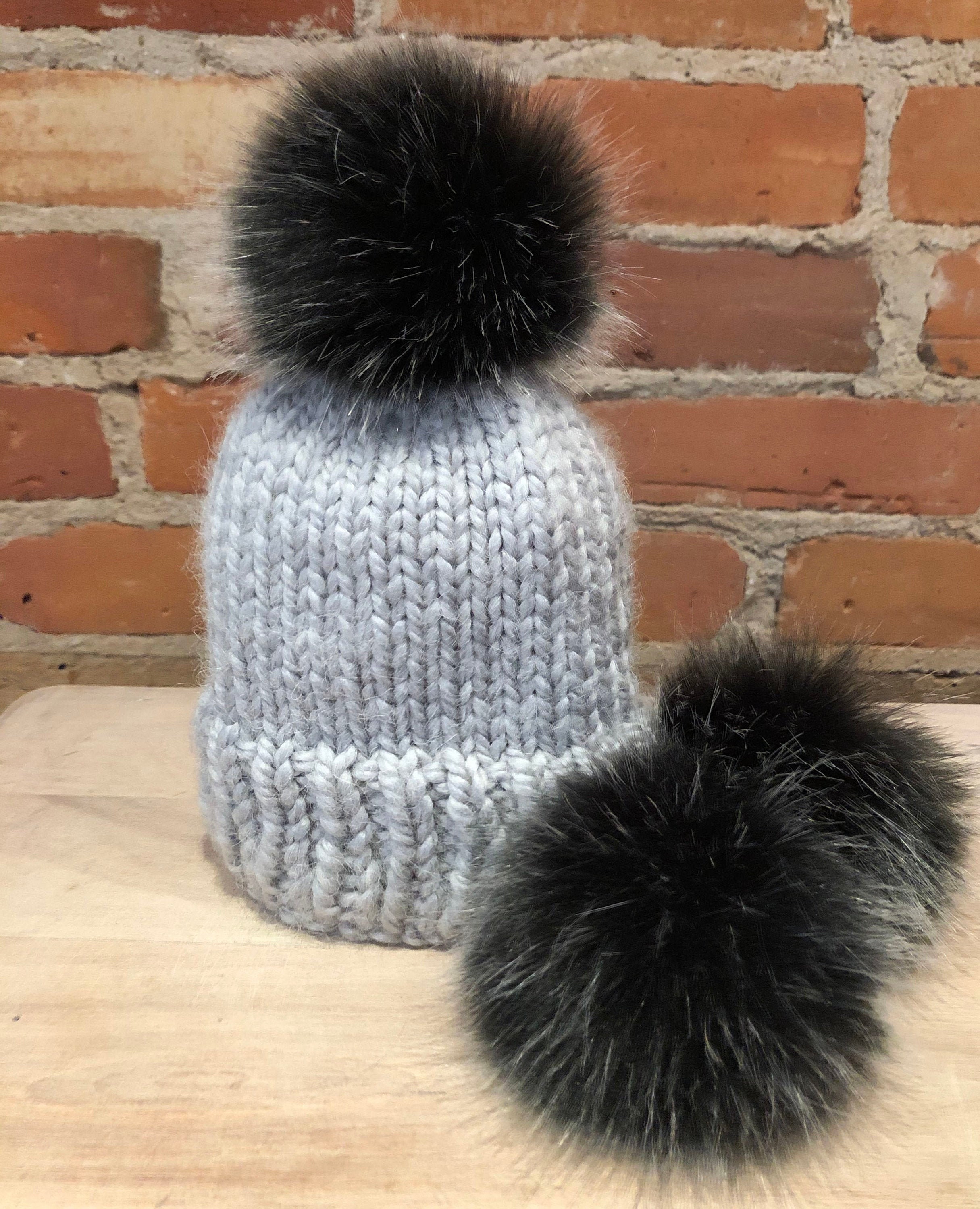 Black Silver Faux Fur Pom Pom: 3.5-inch Detachable Knit Hat  display picture 2