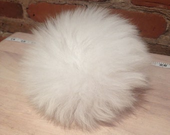 Jumbo White Pom Pom, 6-Inch Pure White Recycled Lamb Fur Knit Hat Pom for Knitting Craft and Crochet Projects, Loop Attachment, Detachable