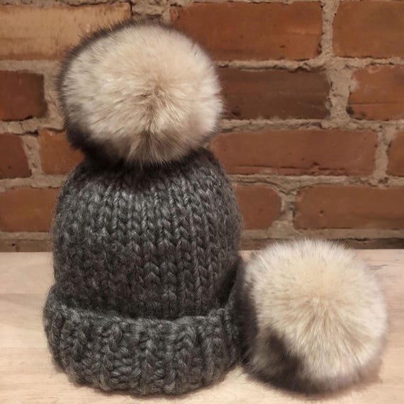 360 Etc.	FEMME Beige and Black Beanie with  Fur PomPom 2 Tone Angora Knit Fur Pom Beanie – Pretty Simple main image 3
