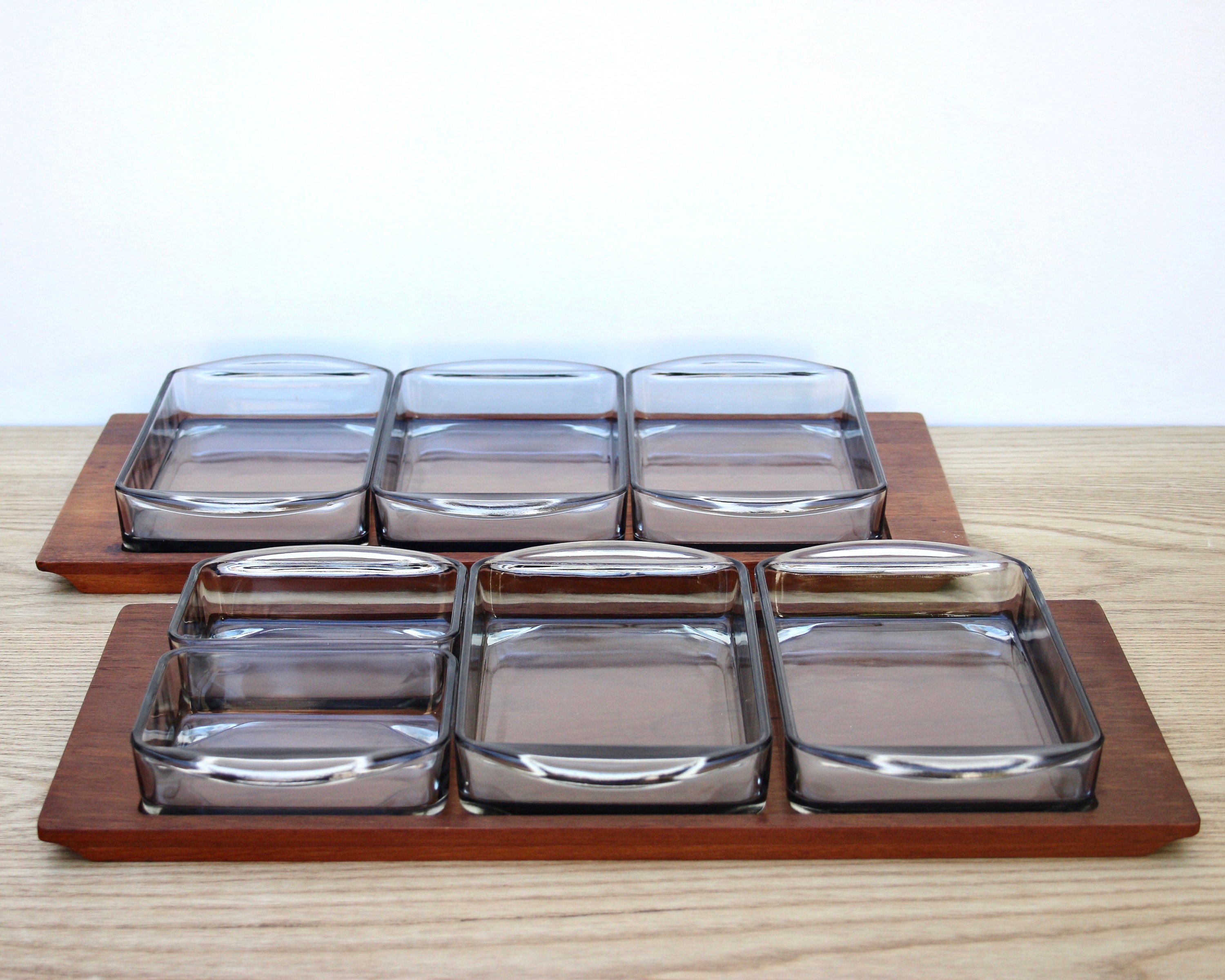 Pair Of Danish Modern Teak Glass Large Tray Server Set