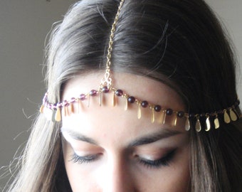 Diana Head Chain, 18K Gold Plated Chain Headpiece, Head Chain Wedding Accessories, Amethyst Head Chain, Valentine's Day Gift