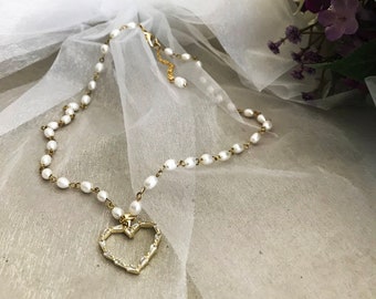 Sweet Heart  Pearl Necklace, 18K Gold Plated Bridal Jewelry, Valentine's Day Gift Pearl Choker, Fresh Water Pearl Necklace