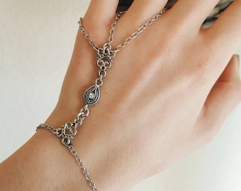 Love You More Silver Bracelet, Bracelet Ring, Hand Chain, Ring Connected To Bracelet. Bohemian Jewelry