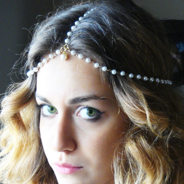 Hana 18K Gold Plated Head Chain, Vintage Head Chain, Pearl Headdress, Wedding Accessories