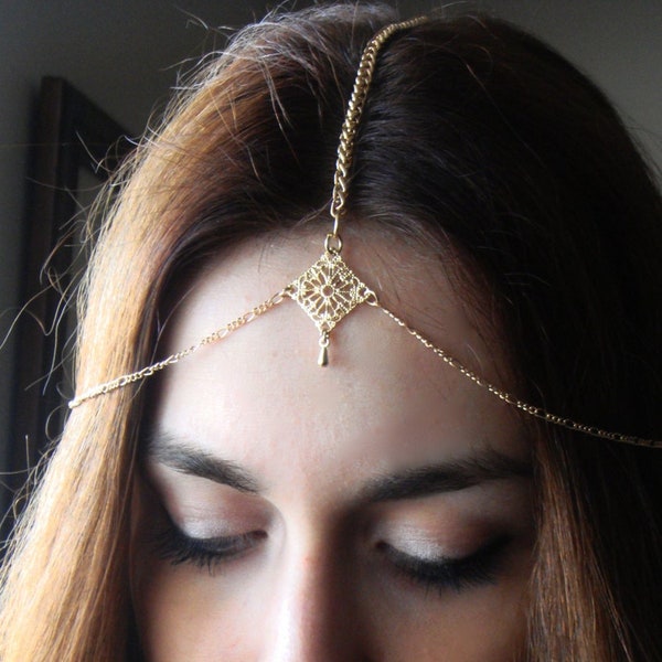 Bridal Head Chain, Gold Head Chain,Head chain, Headdress Gypsy Head Piece, Wedding Accessories.