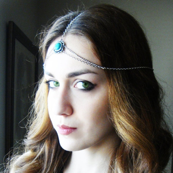 Ossa Head Chain, Stainless Steel Vintage Head chain, headdress gypsy head piece. Turquoise head chain