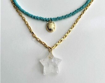 Crystal Quartz Necklace, Star Necklace, 24K Gold Plated Large Link Necklace, Turquoise Choker, Boho Beach Jewelry, Scarab Necklace.