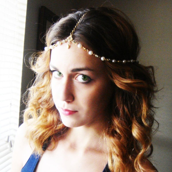 Kamila Head Chain,Pearl headdress. Gold head chain   Wedding accessories. Valentine's Day Gift.