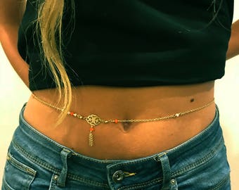 Coral Spirit Belly Chain, Natural Coral  Belly Chain, Moonstone Belly Chain, 14K Gold Plated Waist Chain, Wedding Jewelry.