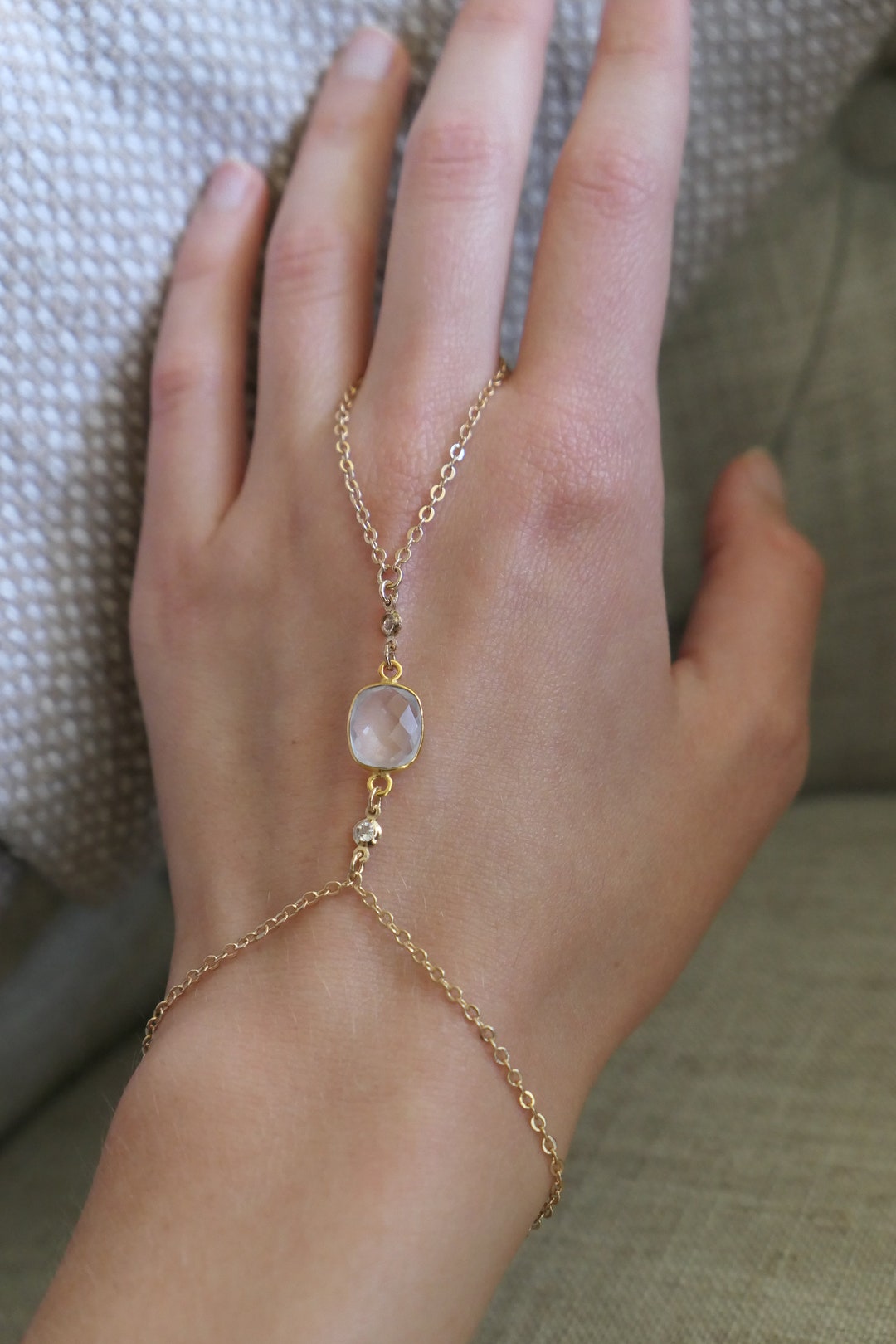 Sweetheart 24K Gold Plated Connected Bracelet, Natural Quartz Bracelet, Finger Bracelet, Hand ...