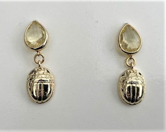 Protection Earings, Yellow  Citrine Teardrop 14K Gold Plated Earrings, Wedding Earrings, Scarab beetle Earrings