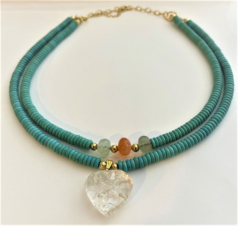 You Must Have, Crystal Quartz Necklace, Heart Necklace, 24K Gold Plated Large Link Necklace, Turquoise Choker, Boho Beach Jewelry image 1