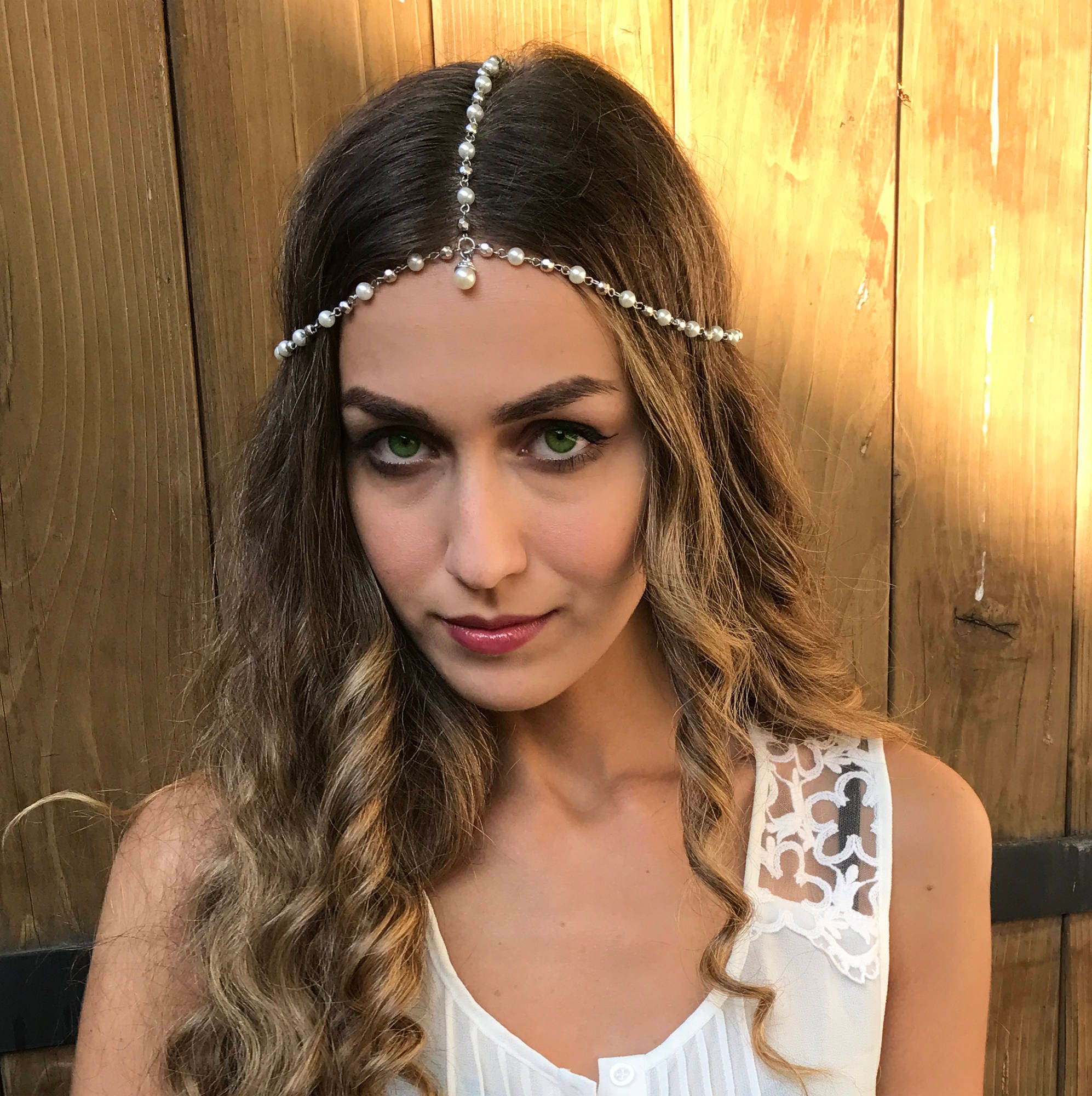 Bridal Headpiece Hair Chain, Head Chain, Pearl Headdress, Gypsy
