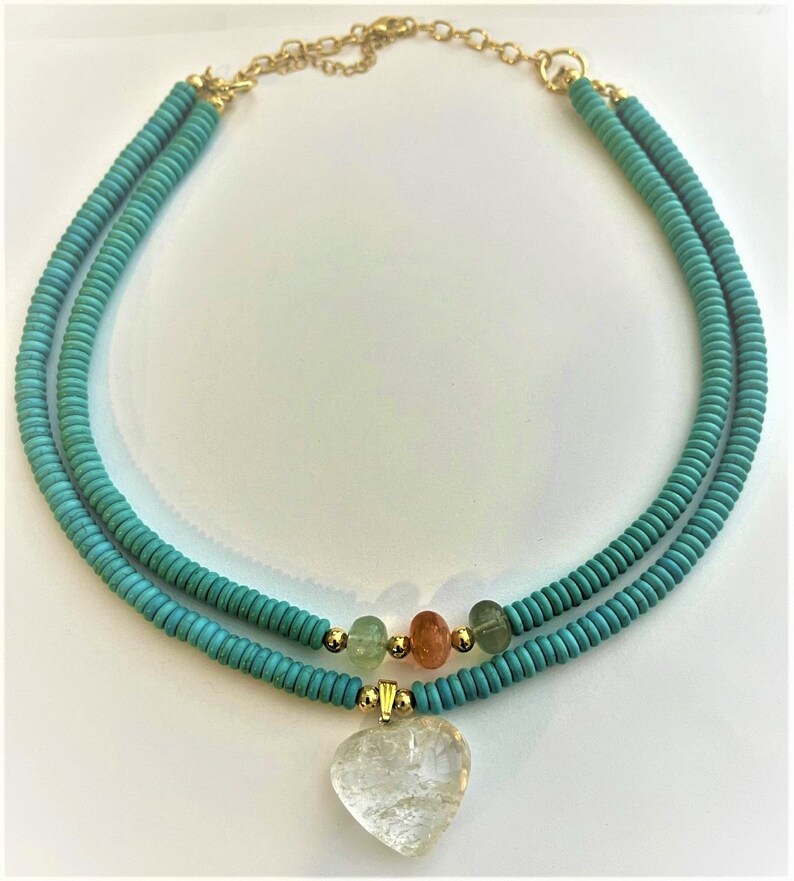 You Must Have, Crystal Quartz Necklace, Heart Necklace, 24K Gold Plated Large Link Necklace, Turquoise Choker, Boho Beach Jewelry image 3