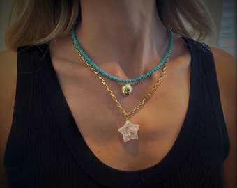 Lucky Star Necklace, Crystal Quartz Necklace, 24K Gold Plated Large Link Necklace, Turquoise Choker, Boho Beach Jewelry, Scarab Necklace.