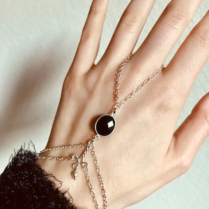 Aileen Black Onyx 925 Sterling Silver Bracelet, Bracelet Ring,Hand Chain, Boho. Love bracelet, Hand Jewelry Tattoo