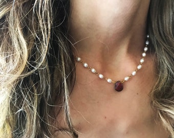 Red Rainbow Jasper Necklace, Pearl Necklace, Wedding Pearl Necklace, Bridal Jewelry, Bridesmaid Necklace, Valentine's Day Gift