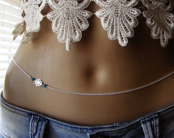 Cute Turquoise Belly Chain, 925 Sterling Silver Plated Body Jewelry, Bikini, Waist Chain, Beach Jewelry, Silver Belly chain