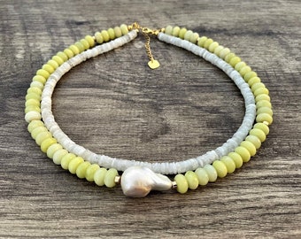 Moonlight Necklace, Moonstone Necklace, Pearl Necklace, 24K Gold Plated  Lemon Calcite Necklace, Boho Beach Jewelry