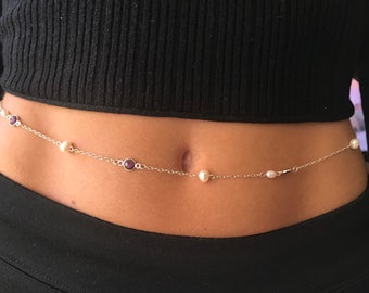 Simply Divine Belly Chain, Amethyst Waist Chain, 925 Starling Silver Pearl Belly Chain, Gemstone Belly Chain,  Body Jewelry Tattoo