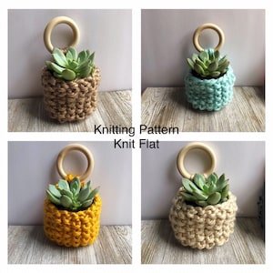 May include: Knitting pattern for a hanging succulent planter. The pattern includes four different color variations: natural, light blue, yellow, and beige. The pattern is knit flat.