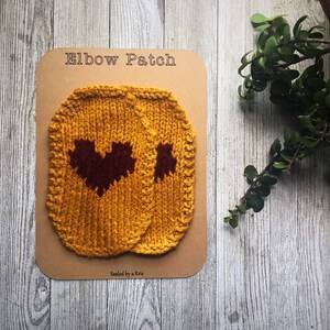 Hand Knit Heart Elbow Patches: Mustard Yellow & Maroon