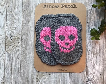 Pink Skull Elbow Patches, Skull Patch, Skeleton hand knit elbow patches