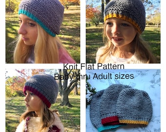 Knit Flat Hat Knitting Pattern, Baby, Toddler, Child, Adult Knitted Beanie hat pattern, Hipster Hat pattern, Slouchy Knit hat pattern