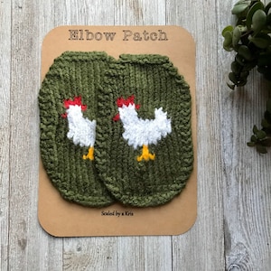 Hand Knit Chicken Elbow Patches: Olive Green Hen Appliqué