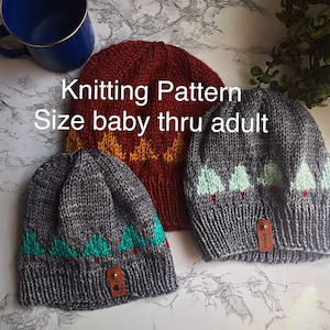 May include: Three knitted beanies in shades of gray and rust. One gray beanie features a mountain design in teal and red. The text "Knitting Pattern Size baby thru adult" is visible. A blue enamel mug is in the background.