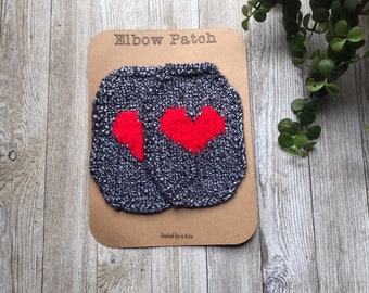 Red Heart ElbowPatches, Valentine’s Day sweater, Black and white speckled elbow patches hand knit with red heart.