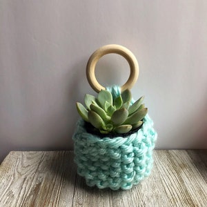 Hand Knit Plant Hanger: Mini Hanging Basket with Wood Ring
