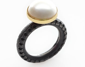 Silberring Mabe Perle, 750er Gold, Cabochonperle, Gr. 7/N