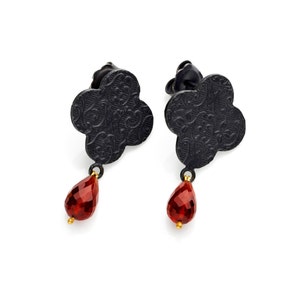 Embossed Quatrefoil Earrings with drop garnets in oxidised silver and 18ct gold