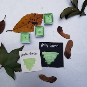 May include: Three small pans of green watercolor paint with a sample of the color painted on a black card. The card has the text "Holly Green" written on it. There is also a sample of the color painted on a white card with the text "Holly Green" written on it.