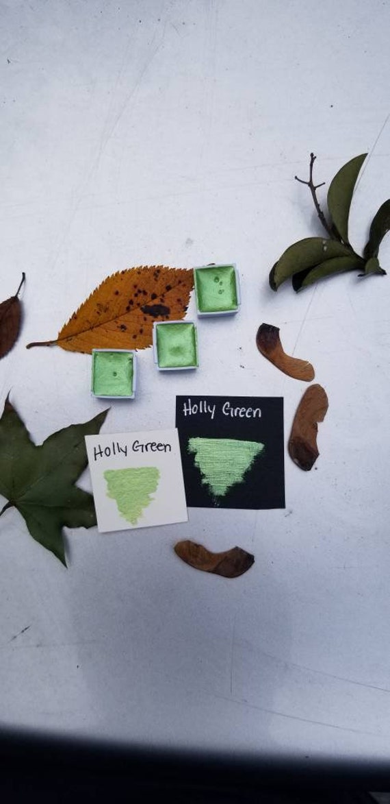 Holly Green - Handmade Watercolor Paint - Shimmery- Half Pan - Vegan Friendly - Child Friendly - For Painting, Calligraphy, and Lettering