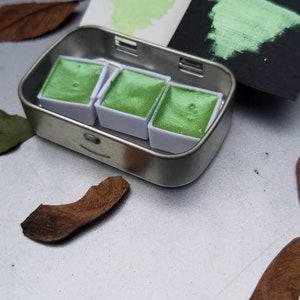 May include: A metal tin with three pans of green watercolor paint. The tin has a label that says "Holly Green".