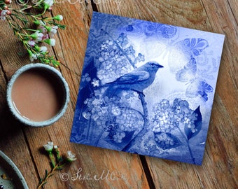 Ceramic Tile with Bluebird and Hydrangea, ‘Delft” Blue, White, 6”x6”